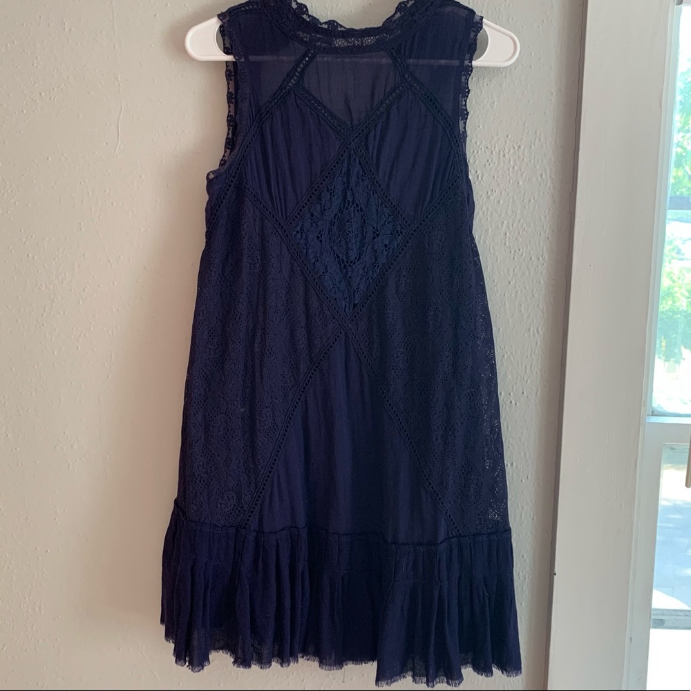 Free People, high neckline, open back dress. Navy.